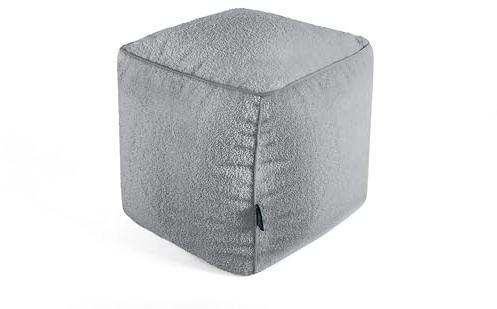 Littens Grey Silver Teddy Boucle Square Cube Footstool Ottoman Bean Bag Pouffe, Living Room Decorative Seat, Piped (41cm x 41cm x 41cm)