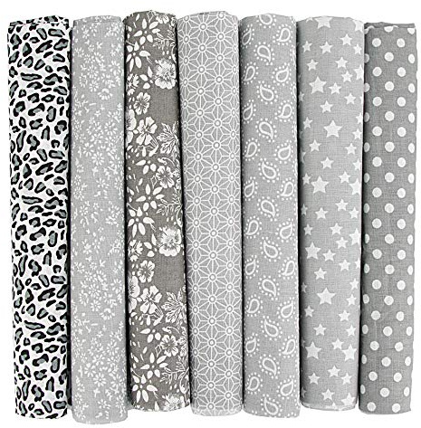 NEUJUS 7er Set Baumwollstoff 50x50cm – Stoff Meterware aus 100% Baumwolle, Patchwork Stoffe Paket, Stoffreste zum Nähen, Basteln & Quilten, Verschiedene Designs, DIY Stoffe (7 Stück Grau)