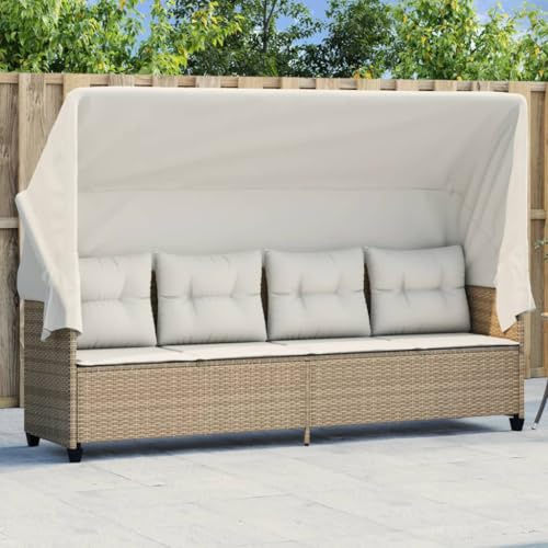 Teenpull Sonnenliege mit Dach, Beige Poly Rattan, 204x75x140 cm, UV-beständig, ausziehbares Sonnendach, Bequeme Kissen, für Garten Terrasse Pool, Zero Gravity Lounge Chair Outdoor