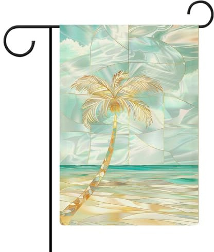 Buntglas-Flagge für den Garten, einzelne schlanke Palme, saisonale Feiertage, Jute, doppelseitig, Haus, Hof, Außenflaggen, 32 x 47 cm