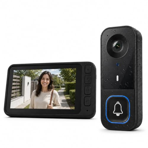 Kabellose Video Türklingel mit Kamera 4,5 Zoll 1080P Bildschirm, Funk Türklingel mit Monitor, 2-Wege Gegensprechanlage, 120°-Blickfeld, Nachtsicht, Wiederaufladbar, Ohne WLAN, Wandmontage, Heimgerät