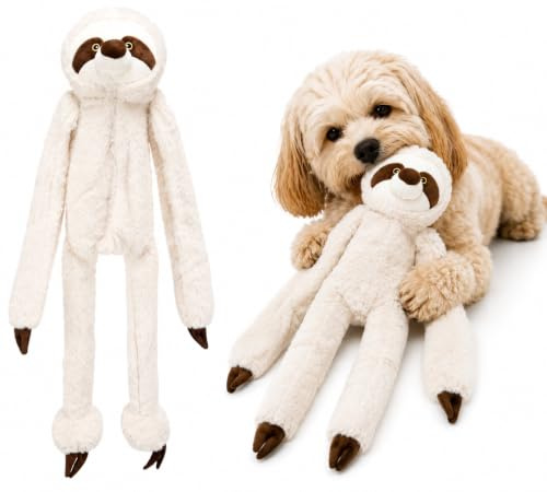 Flamingo Hundespielzeug - Landy Faultier beige L - weiches Plüsch mit Quietscher - XXL Hundespielzeug - 25x18x105cm