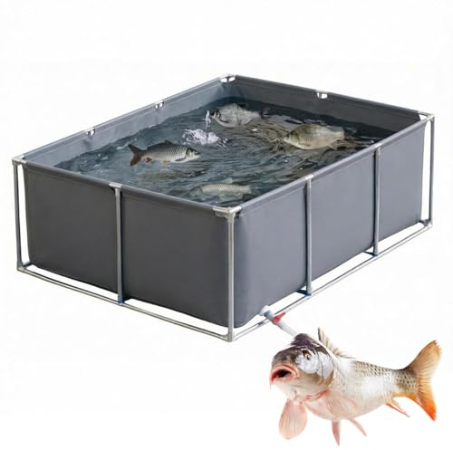 uofgcru Stagno per Pesci in Tela di PVC con Telaio in Acciaio, Laghetto for Pesci Stereo con Supporto, Grande Piscina Rettangolare Fuori Terra, Serbatoio dell'Acqua Pieghevole(3×3×0.5m - Grigio)