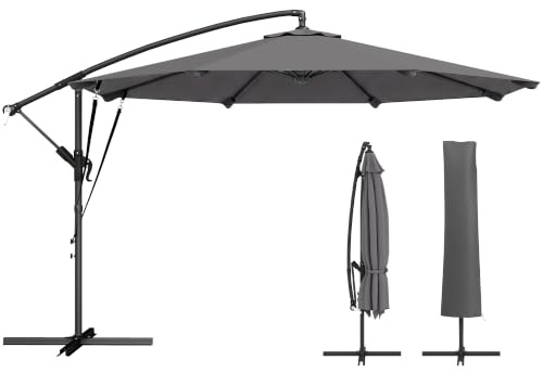 Outsunny Parasol Déporté Rond Ø3m Double Cordes de Fixation Gris Foncé | Housse de Protection, Parasol de Jardin Extérieur, 8 Baleines, Manivelle, Inclinable, Anti-UV, Pieds en Croix