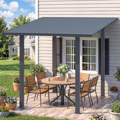 UNIONLINE Pavillon 2,4 × 2,4 m mit Hardtop-Metalldach | 113 km/h windbeständig, Gartenpavillon Wandmontierter aus Stahl, Terrassenüberdachung für Terrasse, Deck & Garten