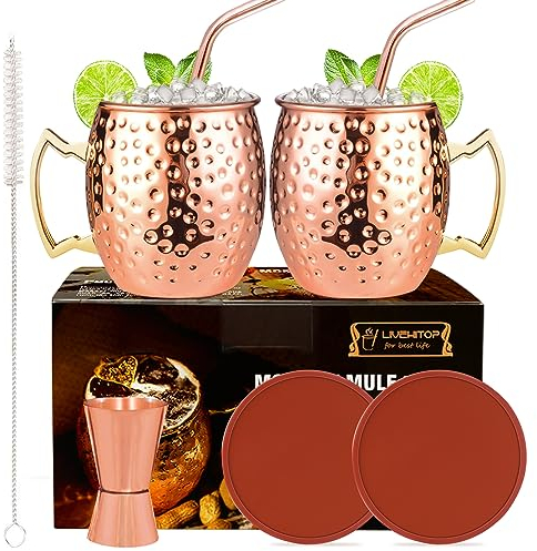 LIVEHITOP Moscú Mule Taza Cobre Set 2 PCS, 18 Oz Tazas Cobre con 2 Posavasos, 2 Pajitas, Jigger y cepillo Paja, Regalo para él y para Ella para el Hogar, el Bar, la Fiesta