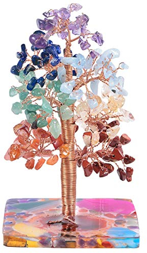 KYEYGWO 7 Chakra Stein Heilung Kristallbaum auf Achat Scheiben Base, Kupferdraht Geldbaum Feng Shui Bonsai Baum Deko Figuren für Glück, Reichtum und Gesundheit