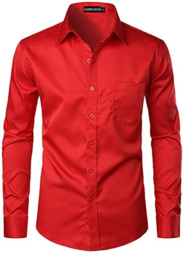 PARKLEES Men's Urban Stylish Casual Business Slim Fit Long Sleeve Button Up Dress Shirt with Pocket Red XL