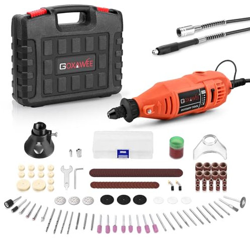 GOXAWEE Drehwerkzeug-Set mit MultiPro Schnellspannbohrfutter und Flexschaft, 140-teiliges Zubehör, variable Geschwindigkeit, elektrisches Bohrer-Set für Bastelprojekte und DIY-Kreationen