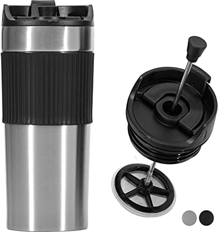 MiKiSA Travel French Press Travel Mug Coffee Press Double-Wall Insulated Thermal Coffee Cup Stainless Steel Travel Cafetiere 350ml/12oz (Silver)