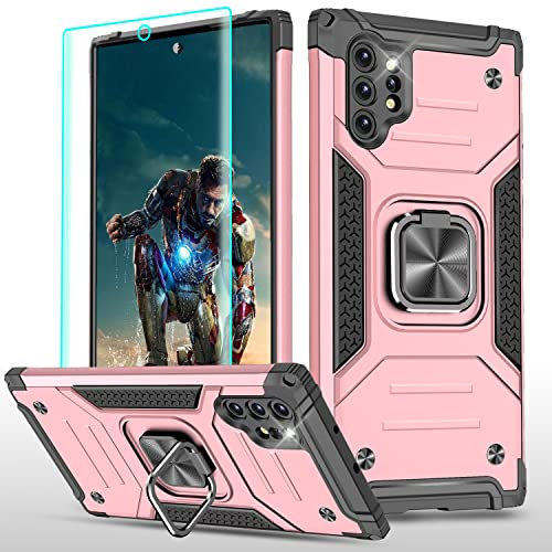 YmhxcY Compatible with Galaxy Note 10 Plus Case with 3D Curved Screen Protector,Armor Grade Cases with Rotating Holder Non-Slip Hybrid Case For Samsung Galaxy Note 10+ Plus KK Rose Gold