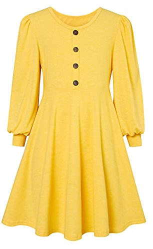 SFreeBo Yellow Long Sleeve Dress Girls Casual Cotton Skater Dress 9-10 Years Autumn Winter Solid Color T-Shirt Dress