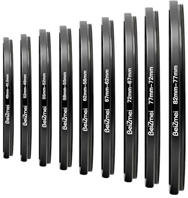 9Stück Kamera Objektiv Filter Ring,Kamera Step-Down-Ring Kompatibel für 82mm Kameraobjektiv,82-77/77-72/72-67/67-62/62-58/58-55/55-52/52-49/49-40.5mm.CNC-Fertigung(9pcs)