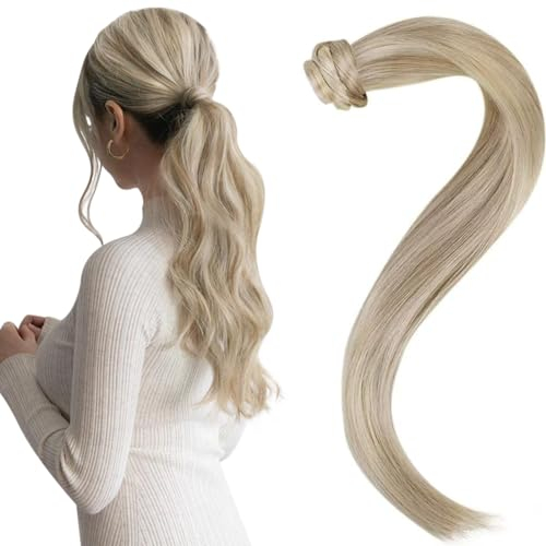 Easyouth Zopf Ponytail Extension Echthaar Blond Pferdeschwanz Haarteil Extensions 35 cm 70g Farbe Aschblond Mix Gelb Blond Clip in Zopf Extension Echthaar #18P613