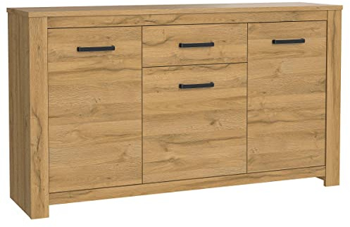 Newroom Kommode Alteiche mit Schubladen Sideboard Flur Wohnzimmer | 2 Türen und mittige Fächer, schwarze Bügelgriffe, Highboard, Komodenschrank, matte Holzoptik, für Schlafzimmer und Esszimmer