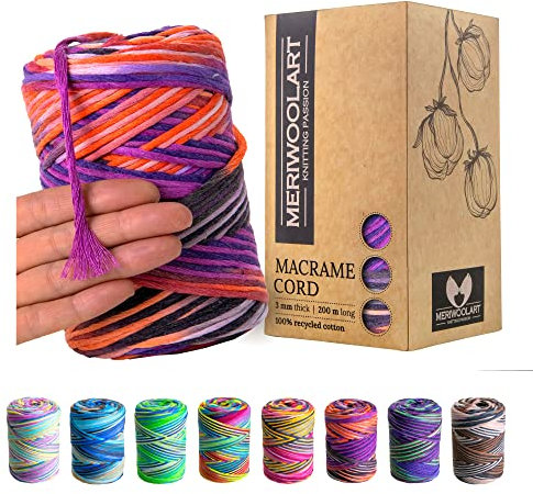 MeriWoolArt Hilo macramé 3mm, 200m Natural Cuerda de macramé de Colores, 100% Cuerda de macramé Suave Hilo de algodón Reciclado, Cordón Cuerda algodón Torcido, Manualidades de macramé