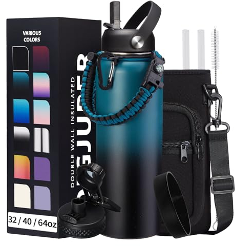 Vacuum Insulated Water Bottle 40oz - with Straw & Spout Lids, Paracord Handle, Shoulder Carrier Bag, Sport Stainless Steel , Double-wall Metal Water Bottle Thermo Hydro Mug Flask