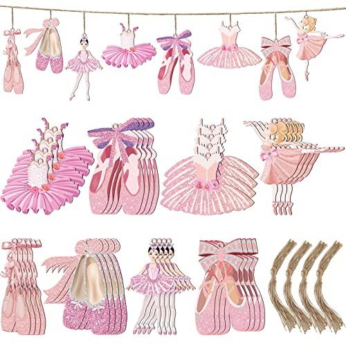 32 Stück Weihnachtsbaum Ornament Ballerina Ballett Zehen Tanzschuhe Holz Hängende Dekor Ballett Rosa Weihnachtsschmuck mit Seilen Holzschuh Ornamente für Weihnachtsbaum Wand Urlaub Party Dekoration