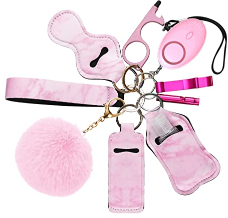 Ankilo Upgraded Safe Sound Personal Alarm 10 Pcs Set Self Defense Keychain Set for Women and Kids with LED Light, No Touch Door Opener, Whistle, Pink