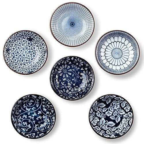 Dipping Bowls, Soy Sauce Dish Ceramic, 3 OZ Small Serving Bowls for Side Dishes Vintage Blue Stylish Design, Set of 6 Mini Appetizer Plates for Condiment Sushi Ketchup BBQ Party, 4 Inch