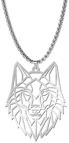 EUEAVAN Skelett Wolf Anhänger Halskette Klassische Tierkopf Elemente Wald Wald Natur Charme Schmuck Edelstahl Schmuck Geschenk für Jungen Männer Mädchen (Silber)