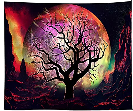 Varnmrop Baum des Lebens Wandteppich,UV reaktives Schwarzlicht Tapisserie,Schwarzer Wandbehang Tapisserie Psychedelisches Mandala,Aesthetic Wanddeko Wohnzimmer Schlafzimmer