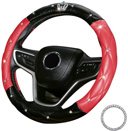 coofig Lenkradbezug Glitzer Universal Lenkradhülle Leder Universal 38cm/15 Inch Strass Lenkrad Bezug Atmungsaktive Steering Wheel Cover Auto Zubehör Innenraum Frauen (Schwarz Rot)