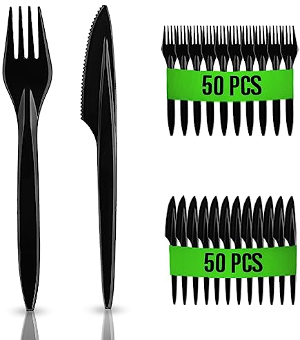 Rago® Kit Couvert en Plastique Réutilisables 100 pcs I PREMIUM Ensemble de camping Outdoor Couverts de fête réutilisables – Noir - 50 fourchettes/50 couteaux