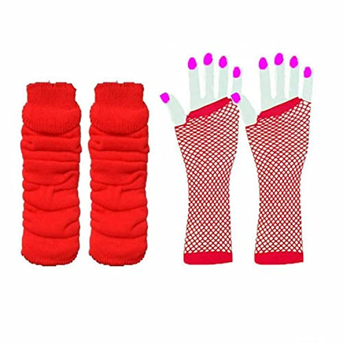 Lizzy Leg Warmers & Fishnet Gloves Set Rainbow Florescent Stripe | 80s Neon Teen Fancy Dress Dance ware Hen Party Tutu Accessory | One Size (Red)
