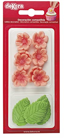 Dekora - Boîte de 8 Fleures Roses et 5 Feuilles Vertes en Sucre - Figurines Comestibles pour Gâteaux - Décoration en Sucre pour Gâteaux d'Anniversaire