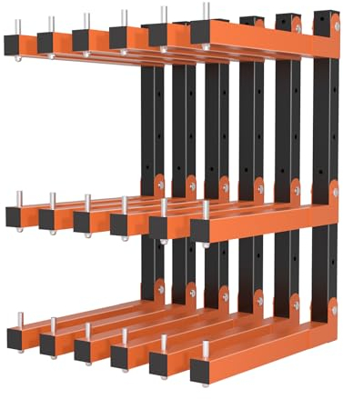 Holzregal zur Wandmontage, robustes Holzregal mit 9 Ebenen, hält bis zu 500 kg, stabil, faltbar, Garage, Holzorganizer, orangefarbenes Regal, Metallregal für drinnen und draußen, 6 Stück