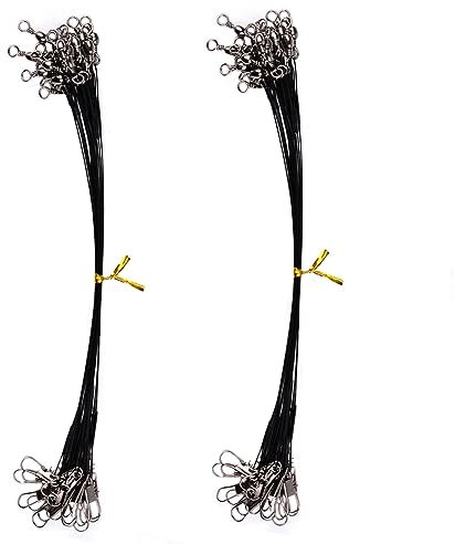 Confezione da 50 fili da pesca, 13,6 kg, in acciaio, con girelle e bottoni a pressione per lenza principale nascosta per il luccio, previene i morsi dei pesci, 30 cm (nero)