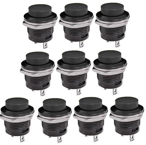 Switian Interrupteur à Bouton-Poussoir Momentané SPST 16mm - Lot de 10 Pièces 3A 250V AC avec Connecteur Laiton | Commutateur Électrique Durable (Noir)