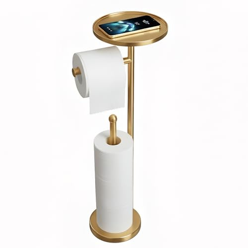 Toilettenpapierhalter Ständer, Freistehender Toilettenpapierständer mit Ablage für Kleinigkeiten, Toilettenpapierhalter mit Stauraum für 4 Extra Toilettenpapierrollen (Gold)