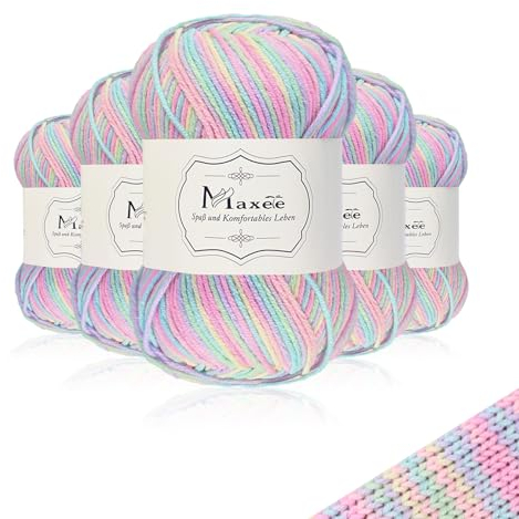 Maxee Handstrickgarn, 5x50 g Häkelgarn, Bunt Farbverlauf Acryl Garn zum Stricken, Weicher Wolle zum Häkeln, Mehrfarbiges Garn zum Stricken Häkeln und Basteln