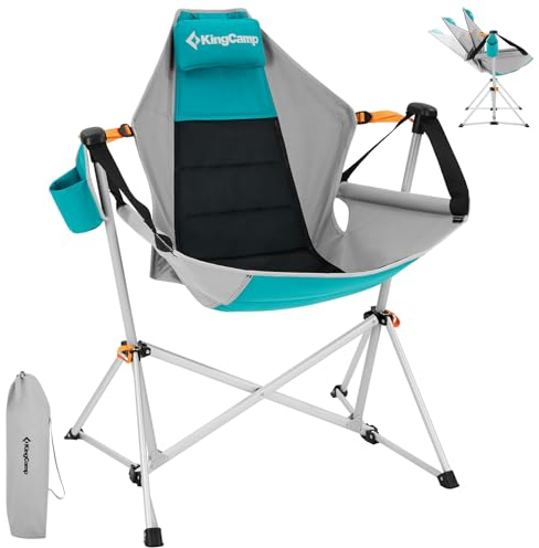 KingCamp Camping Schaukelstuhl Campingstuhl faltbar Faltstuhl, Schaukelstuhl mit Verstellbarer Rückenlehne, Campingstuhl mit Kissen, Getränkehalter, Tasche robust bequem für Outdoor Indoor Cyan
