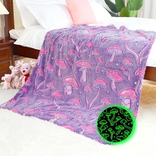 Pilz-Überwurfdecke für Damen und Mädchen – Lila Cottagecore Geschenke für Naturliebhaber, leuchtet im Dunkeln, Bettwäsche-Dekor für Bett, Couch, leichte, gemütliche Walddecke, 127 x 152 cm