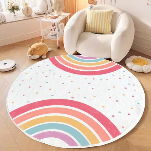 ZCVAcom Kinder-Spielteppich, farbenfroher Regenbogen-Punkt, runder Teppich, Kinderzimmer-Fußmatte, weicher Plüsch, rutschfest, Kinderteppich für Schlafzimmer, Wohnzimmer, Kinderspielzimmer (rosa