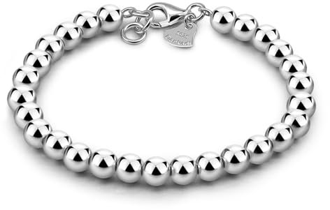 Dankadi Bracelet de Perles pour Femme en Argent 925 Large de 4MM 6MM Sans et Avec Pendentif Coeur, Long 13-21CM Doré Or Rose Cadeau Fête Maman Fille Homme (21CM, Argent 6MM Sans Pendentif)