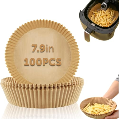 Air Fryer Liners Non-Stick Airfryer Liners Parchment Paper Disposable Oil & Water Proof Round Air Fryer Accessories for Baking, Roasting & Cooking (7.9inch Round-100 Pcs)