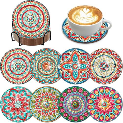Diamond Painting Dessous de Verre, Frundoo 8 Pièces sous-Verres Art de Diamant avec Support Mandala Tapis de Tasse Mandala en Bois pour Tasses Créatifs Adultes DIY