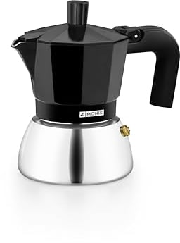 MONIX Induction Inox, Caffettiera Italiana In Alluminio e Acciaio Inox, Capacità 3 Tazze, Manico Termoresistente, Facile da Lavare, Adatta a Tutti i Tipi da Piano Cottura, Incluso a Induzione, Nero