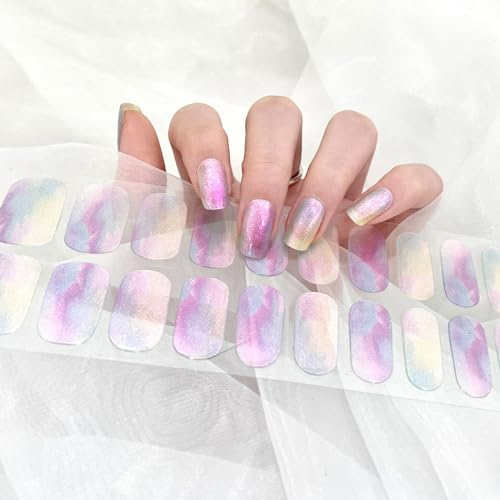 Boloshine 22Pcs UV Gel Nail Stickers, Long Lasting Fine Glitter Semi Cured Gel Nail Strips, Salon-Quality Full Wraps French Manicure Stickers for Women Girls Nail Art Decor (Purple Aurora)