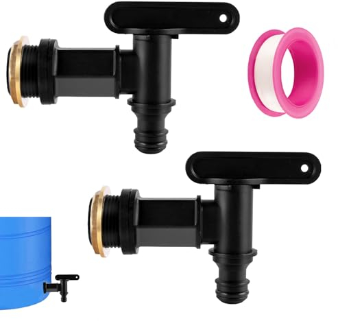 2 Stück Auslaufhahn für Regentonne, Wasserhahn 3/4 Zoll Kunststoff Ersatzhahn mit Dichtung Kontermutter Dichtband für Regenwassertonne Wassertank Regenfass (Schwarz)