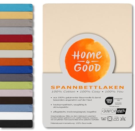 home4good Spannbettlaken 120x200cm, 100% gekämmte Baumwolle, Oeko-TEX 100, Jersey Spannbetttuch Bettlaken 120 x 200 - Creme