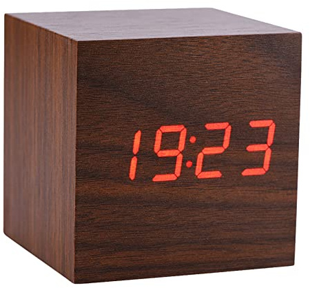 BONKZEBU Elektronischer Digitaler Wecker aus Holz wecker Holz 6x6x6 cm, Sprachsteuerung, Temperatur-LED-Anzeige, Moderne Holz Würfeluhr (Braunes Holz + Rotes Réveils électroniques