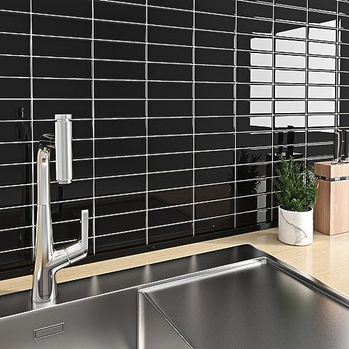 FunStick Azulejos Adhesivos Negro Rectangular Baldosa Vinilo Autoadhesivo Cocina Revestimiento Pared Negro Pegatinas de Azulejos 3D Adhesivo Pared Cocina Baño Lavable 30×30CM 5 Baldosas de PVC Paredes