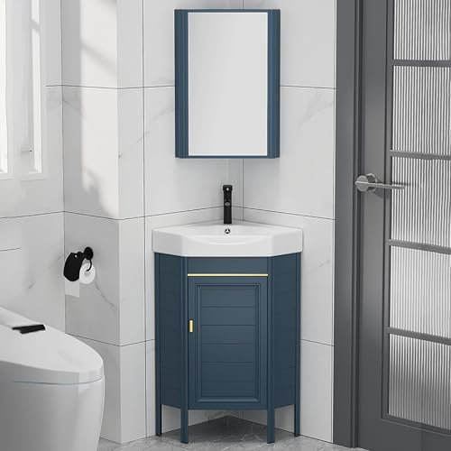 Mobiletto Angolare Per Bagno Con Lavandino, Set Di Mobili Da Terra Per Piccoli Spazi, Mobiletto Per Bagno Con Rubinetto E Scarico, Mobiletto Per Lavabo In Ceramica Blu Navy Con Anta(15in/38cm)