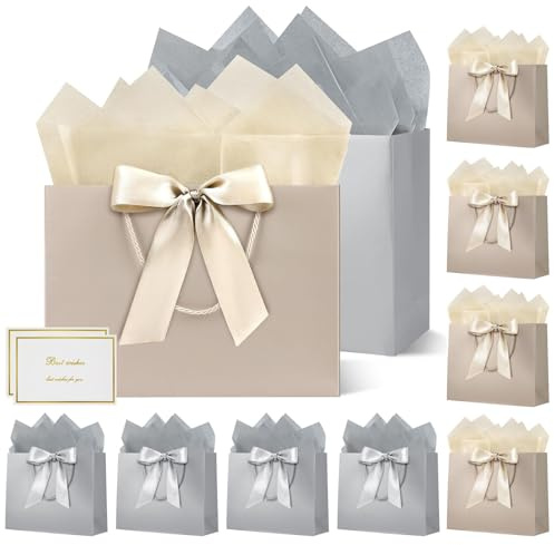 HONTIUS Sacs Cadeaux Pochette Cadeau, Lot de 10 Sac Cadeau Noel 12.59 avec 10 Papiers Sydney 10 Cartes, 32 * 25 * 10cm Sac Cadeau Anniversaire pour Anniversaire, Cadeau, Fête, Mariage Gris Marron