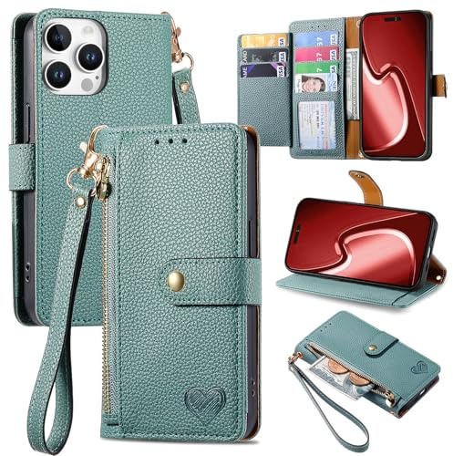 VEEMOS Zipper Wallet Case for Apple iPhone 16 Pro Max Phone Case with Purse Card Holders RFID Blocking Leather Flip Case Book Cover Wrist Strap Women - Green